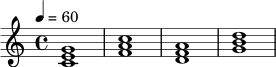 \relative c' {
\key c \major
\time 4/4
\tempo 4 = 60
<c e g>1 | <f a c>1 | <d f a>1 | <g b d>1 |
}