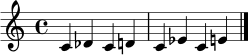\relative c' { \time 4/4 c4 des c d c ees c e \bar "|." }