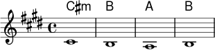 <<
\new ChordNames \chordmode { cis1:m b1 a1 b1 }
\new Staff \relative c' {
\key cis \minor
\time 4/4
cis1 | b | a | b |
}
>>
