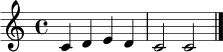\relative c' { \set Staff.midiInstrument = "acoustic grand" \key c \major \time 4/4 c4 d e d | c2 c \bar "|." }