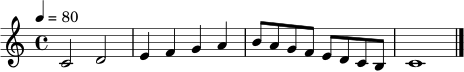 \relative c' { \time 4/4 \tempo 4 = 80 c2 d2 | e4 f g a | b8 a g f e d c b | c1 \bar "|." }