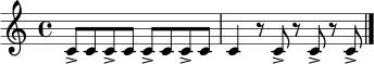 \relative c' {
\time 4/4
c8-> c c-> c c-> c c-> c |
c4 r8 c-> r8 c-> r8 c-> \bar "|."
}