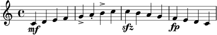 \relative c' {
\clef treble
\time 4/4
c4\mf d e f
g4-> a-. b-> c
c4\sfz b a g
f4\fp e d c
}