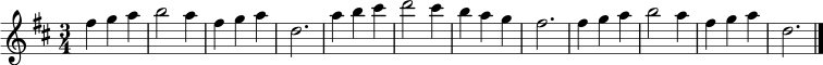 \relative c'' { \key d \major \time 3/4 fis4 g a | b2 a4 | fis g a | d,2. | a'4 b cis | d2 cis4 | b a g | fis2. | fis4 g a | b2 a4 | fis g a | d,2. \bar "|." }
