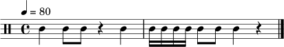 \relative c' {
\clef percussion
\tempo 4 = 80
\time 4/4
c4 c8 c8 r4 c4 | c16 c16 c16 c16 c8 c8 c4 r4 \bar "|."
}