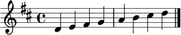 \relative c' { \clef treble \key d \major \time 4/4 d4 e fis g a b cis d \bar "|." }