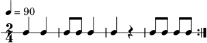 \version "2.24.0"
\score {
\new RhythmicStaff {
\time 2/4
\tempo 4 = 90
\repeat volta 2 {
c4 c |
c8 c c4 |
c4 r |
c8 c c8 c |
}
}
\layout { ragged-right = ##t }
\midi { }
}