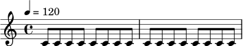 \relative c' {
\time 4/4
\tempo 4 = 120
c8 c c c c c c c |
c8 c c c c c c c |
}