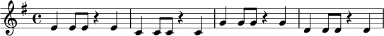 
\relative c' {
  \clef treble
  \key e \minor
  \time 4/4
  e4 e8 e r4 e4 |
  c4 c8 c r4 c4 |
  g'4 g8 g r4 g4 |
  d4 d8 d r4 d4 |
}
