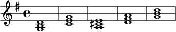 \relative c' {
\key g \major
\time 4/4
<g b d>1 |
<c e g>1 |
<a cis e>1 |
<d fis a>1 |
<g b d>1 |
}