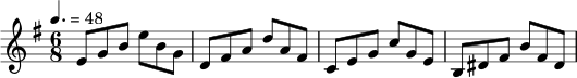 \relative c' {
\key e \minor
\time 6/8
\tempo 4. = 48
e8 g b e b g |
d fis a d a fis |
c e g c g e |
b dis fis b fis dis |
}