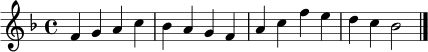 
\relative c' {
  \key f \major
  \time 4/4
  f4 g a c | bes a g f | a c f e | d c bes2 \bar "|."
}
