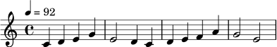 
\relative c' {
  \key c \major
  \time 4/4
  \tempo 4=92
  c4 d e g | e2 d4 c | d4 e f a | g2 e |
}
