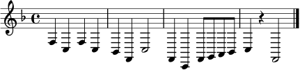 
\relative c {
  \key f \major
  \time 4/4
  f4 c f c |
  bes4 f c'2 |
  f,4 c f8 g a bes |
  c4 r4 f,2 \bar "|."
}
