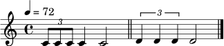 \relative c' {
\clef treble
\time 4/4
\tempo 4 = 72
\tuplet 3/2 { c8 c8 c8 } c4 c2 \bar "||"
\tuplet 3/2 { d4 d4 d4 } d2 \bar "|."
}