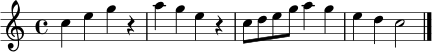 \relative c'' { \time 4/4 c4 e g r | a g e r | c8 d e g a4 g | e d c2 \bar "|." }