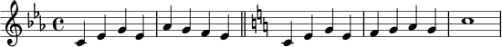 \relative c' {
\time 4/4
\key c \minor
c4 ees g ees |
aes4 g f ees |
\bar "||"
\key c \major
c4 e g e |
f4 g a g |
c1
}