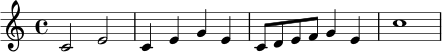 \relative c' {
\key c \major
\time 4/4
c2 e2 |
c4 e g e |
c8 d e f g4 e |
c'1
}
