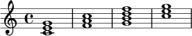 
\relative c' {
  \key c \major
  \time 4/4
  <c e g>1 |
  <f a c>1 |
  <g b d f>1 |
  <c e g>1
}
