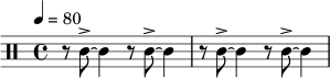 \relative c' {
\tempo 4 = 80
\clef percussion
\time 4/4
r8 c8->~ c4 r8 c8->~ c4 | r8 c8->~ c4 r8 c8->~ c4 |
}