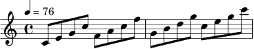 
\relative c' {
  \clef treble
  \key c \major
  \time 4/4
  \tempo 4 = 76
  c8 e g c
  f,8 a c f
  g,8 b d g
  c,8 e g c
}
