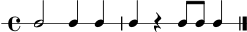 
\version "2.22.0"
\score {
  \new RhythmicStaff {
    \time 4/4
    c2 c4 c4 | c4 r4 c8 c8 c4 \bar "|."
  }
  \layout { }
  \midi { \tempo 4 = 82 }
}
