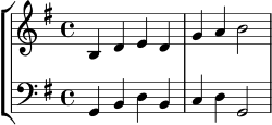 \new StaffGroup <<
\new Staff {
\clef treble
\key g \major
\time 4/4
\relative c' { b4 d e d | g4 a b2 | }
}
\new Staff {
\clef bass
\key g \major
\time 4/4
\relative c { g4 b d b | c4 d g,2 | }
}
>>