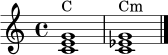 \relative c' {
\clef treble
\time 4/4
<c e g>1^\markup "C"
<c ees g>1^\markup "Cm"
\bar "|."
}