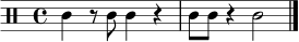 
\relative c' { \clef percussion \time 4/4 c4 r8 c c4 r | c8 c r4 c2 \bar "|." }
