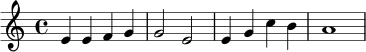 
\relative c' {
  \key c \major
  \time 4/4
  e4 e f g |
  g2 e |
  e4 g c b |
  a1 |
}
