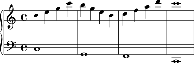 \score {
\new PianoStaff <<
\new Staff = "rechts" \relative c'' { \clef treble \time 4/4 c4 e g c | b4 g e c | d4 f a d | c1 }
\new Staff = "links" \relative c { \clef bass \time 4/4 c1 | g1 | f1 | c1 }
>>
\layout { }
\midi { \tempo 4 = 76 }
}
