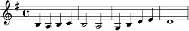 \relative c' {
\key g \major
\time 4/4
b4 a b c | b2 a |
g4 b d e | d1 |
}