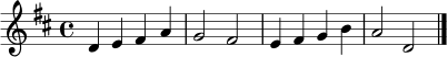 
\relative c' {
  \key d \major
  \time 4/4
  d4 e fis a |
  g2 fis |
  e4 fis g b |
  a2 d,2 \bar "|."
}
