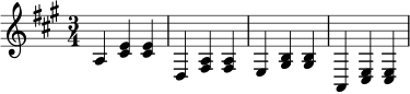 \relative c' {
\key a \major
\time 3/4
a4 <cis e> <cis e> |
d,4 <fis a> <fis a> |
e4 <gis b> <gis b> |
a,4 <cis e> <cis e> |
}