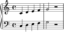 \new PianoStaff <<
\new Staff \relative c' {
\clef treble
\time 4/4
c4 d e f | g2 r2
}
\new Staff \relative c {
\clef bass
\time 4/4
c4 d e f | g2 r2
}
>>