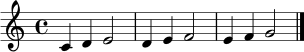 
\language "deutsch"
\relative c' { \clef treble \key c \major \time 4/4 c4 d e2 | d4 e f2 | e4 f g2 \bar "|." }
