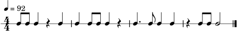 \version "2.22.0"
\header { tagline = "" }
\score {
\new RhythmicStaff {
\numericTimeSignature
\time 4/4
\tempo 4 = 92
c8 c8 c4 r4 c4 | c4 c8 c8 c4 r4 | c4. c8 c4 c4 | r4 c8 c8 c2 \bar "|."
}
\layout { }
\midi { }
}