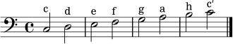 { \clef bass c2^\markup { "c" } d^\markup { "d" } | e^\markup { "e" } f^\markup { "f" } | g^\markup { "g" } a^\markup { "a" } | b^\markup { "h" } c'^\markup { "c′" } \bar "|." }