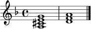 \relative c' {
\key d \minor
\time 4/4
<a cis e g>1 | <d f a>1 \bar "|."
}