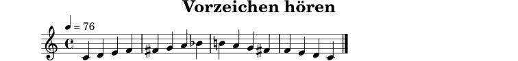 
X:6
T:Vorzeichen hören
M:4/4
L:1/4
Q:1/4=76
K:C
C D E F | ^F G A _B | =B A G ^F | F E D C |]
