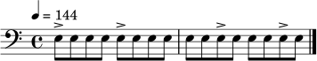 \relative c {
\clef bass
\time 4/4
\tempo 4 = 144
e8-> e e e e-> e e e |
e8 e e-> e e e e-> e |
\bar "|."
}