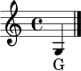\language "deutsch"
\relative c' {
\clef treble
g4
\bar "|."
}
\addlyrics { G }