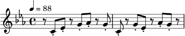 
\relative c' {
  \key c \minor
  \time 4/4
  \tempo 4 = 88
  r8 c8-. ees8-. r8 g8-. aes8-. r8 g8-. |
  c,8-. r8 g'8-. ees8-. r8 aes8-. g8-. r8 |
}
