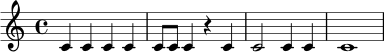 \relative c' { \clef treble \time 4/4 c4 c4 c4 c4 | c8 c8 c4 r4 c4 | c2 c4 c4 | c1 }