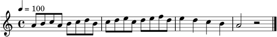 \relative c'' {
\clef treble
\key a \minor
\time 4/4
\tempo 4 = 100
a8 b c a | b c d b | c d e c | d e f d | e4 d c b | a2 r2
\bar "|."
}