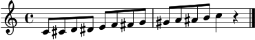 \version "2.22.0"
\language "deutsch"
\header { tagline = "" }
\score {
\new Staff \relative c' {
\clef treble
\time 4/4
c8 cis d dis e f fis g
gis a ais h c4 r4
\bar "|."
}
\layout { }
\midi { \tempo 4 = 76 }
}