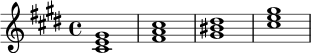 \relative c' {
\key cis \minor
\time 4/4
<cis e gis>1
<fis a cis>1
<gis bis dis>1
<cis e gis>1
}
