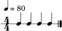 \version "2.22.0"
\header { tagline = "" }
\score {
\new RhythmicStaff {
\numericTimeSignature
\time 4/4
\tempo 4 = 80
c4 c4 c4 c4 \bar "|."
}
\layout { }
\midi { }
}