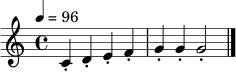 
\relative c' {
  \time 4/4
  \key c \major
  \tempo 4 = 96
  c4-. d-. e-. f-. | g-. g-. g2-. | \bar "|."
}
