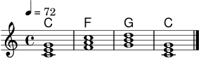 \version "2.18.2"
\header { tagline = "" }
akkorde = \chordmode { c1 f g c }
noten = { \clef treble \key c \major \time 4/4 \tempo 4 = 72 <c' e' g'>1 | <f' a' c''>1 | <g' b' d''>1 | <c' e' g'>1 \bar "|." }
\score {
<<
\new ChordNames { \akkorde }
\new Staff { \noten }
>>
\layout { }
\midi { }
}